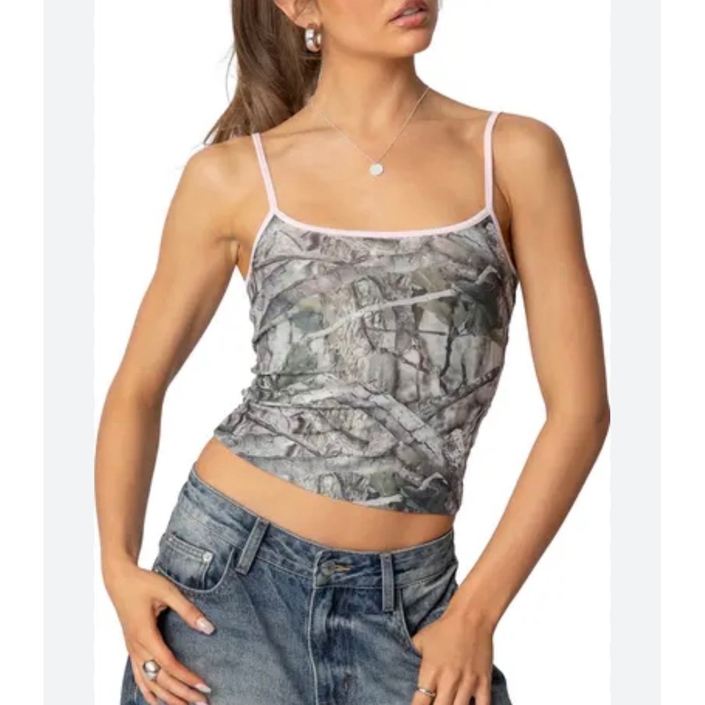 Edikted Camo Print Cami Top Olive Pink Trim Woodland Tree Tank S19291 XS NEW